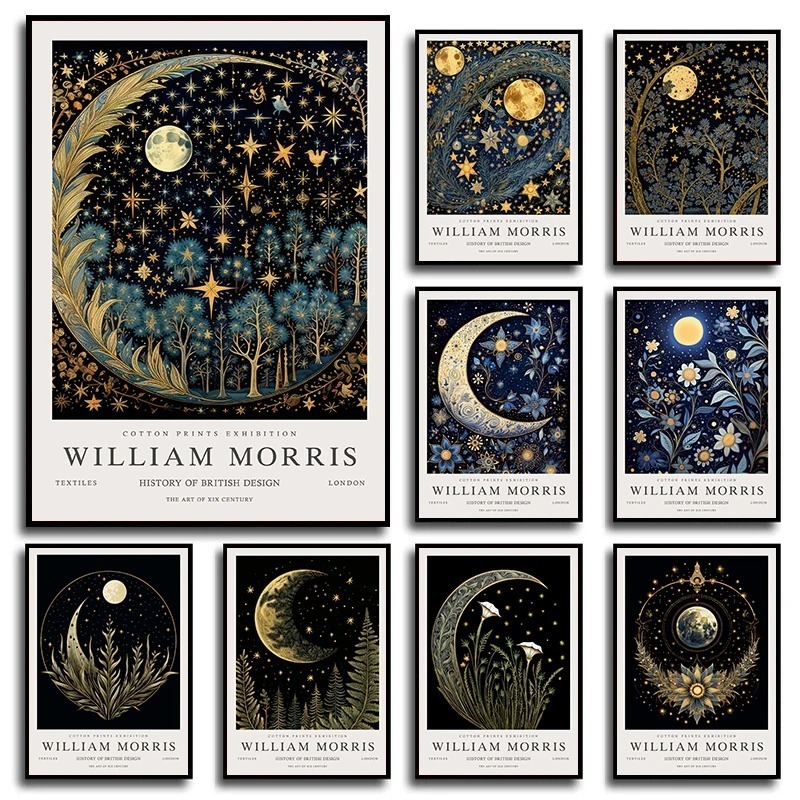 Star Map Poster - Vintage Moon and Stars William Morris